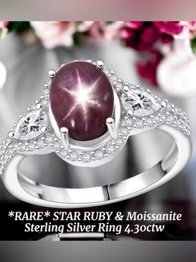 💥RARE💥 Indian Star Ruby & Moissanite Sterling Silver Ring 4.30ctw